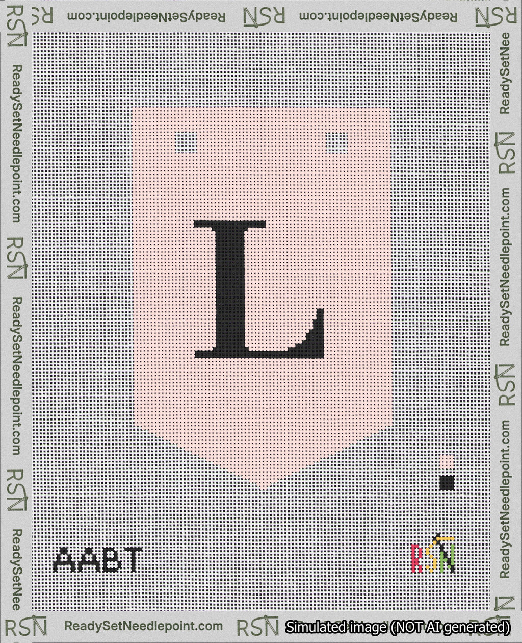 A taped needlepoint canvas with the design: Banner 18 mesh count Pointed L Black on Pink.