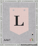 A taped needlepoint canvas with the design: Banner 18 mesh count Pointed L Black on Pink.