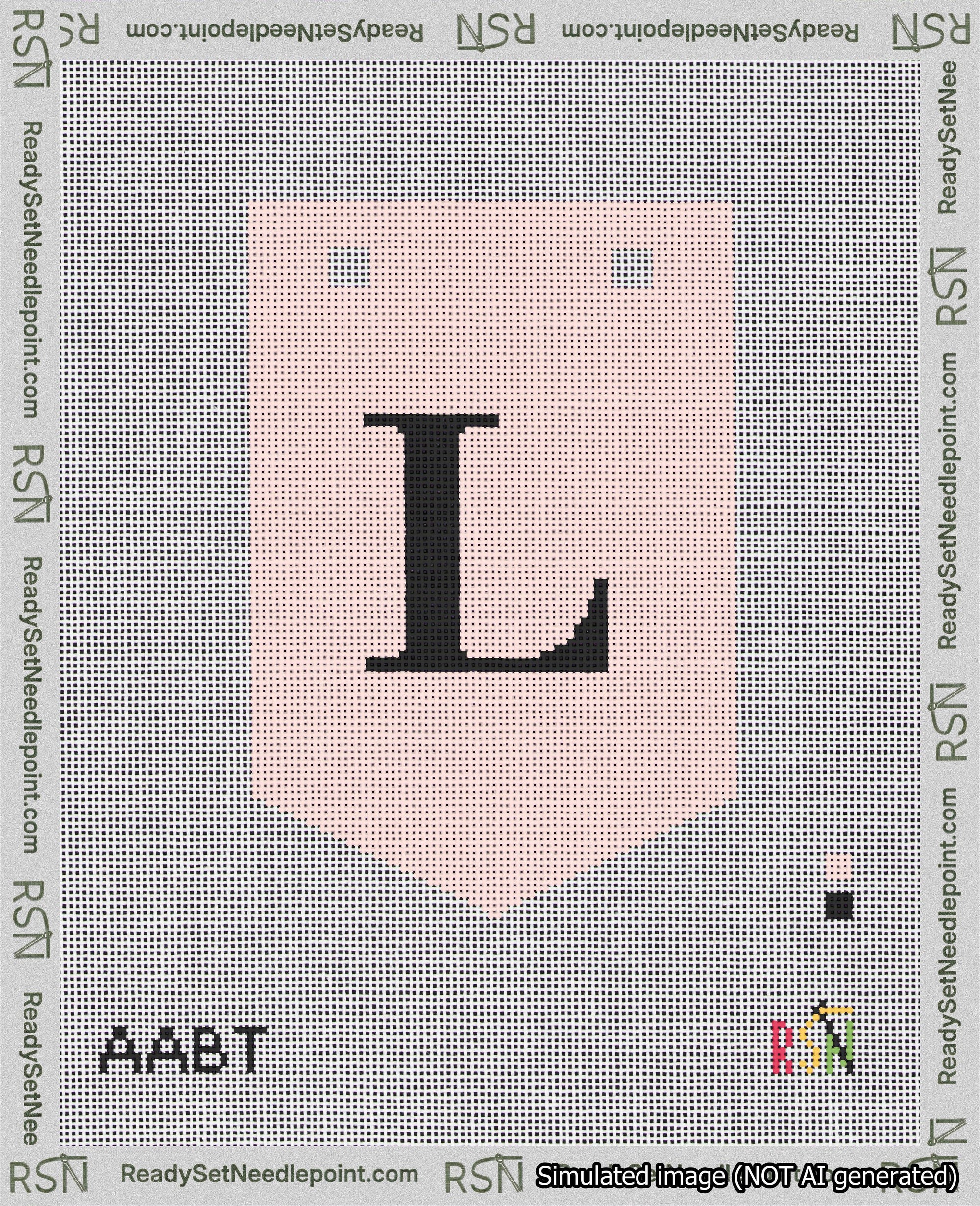 A taped needlepoint canvas with the design: Banner 18 mesh count Pointed L Black on Pink.