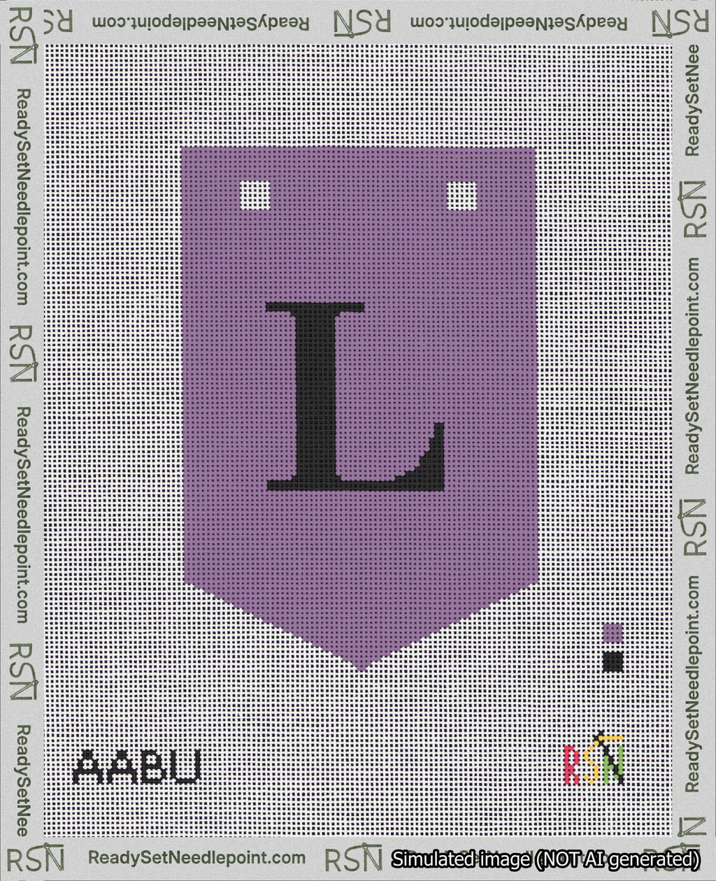 A taped needlepoint canvas with the design: Banner 18 mesh count Pointed L Black on Purple.