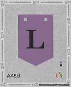 A taped needlepoint canvas with the design: Banner 18 mesh count Pointed L Black on Purple.