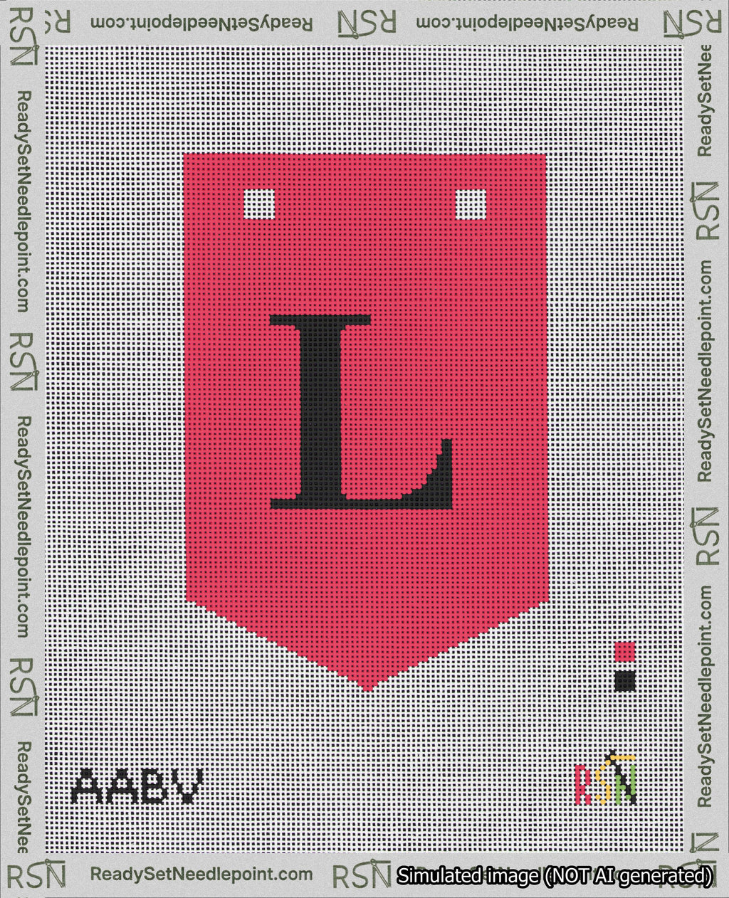 A taped needlepoint canvas with the design: Banner 18 mesh count Pointed L Black on Red.