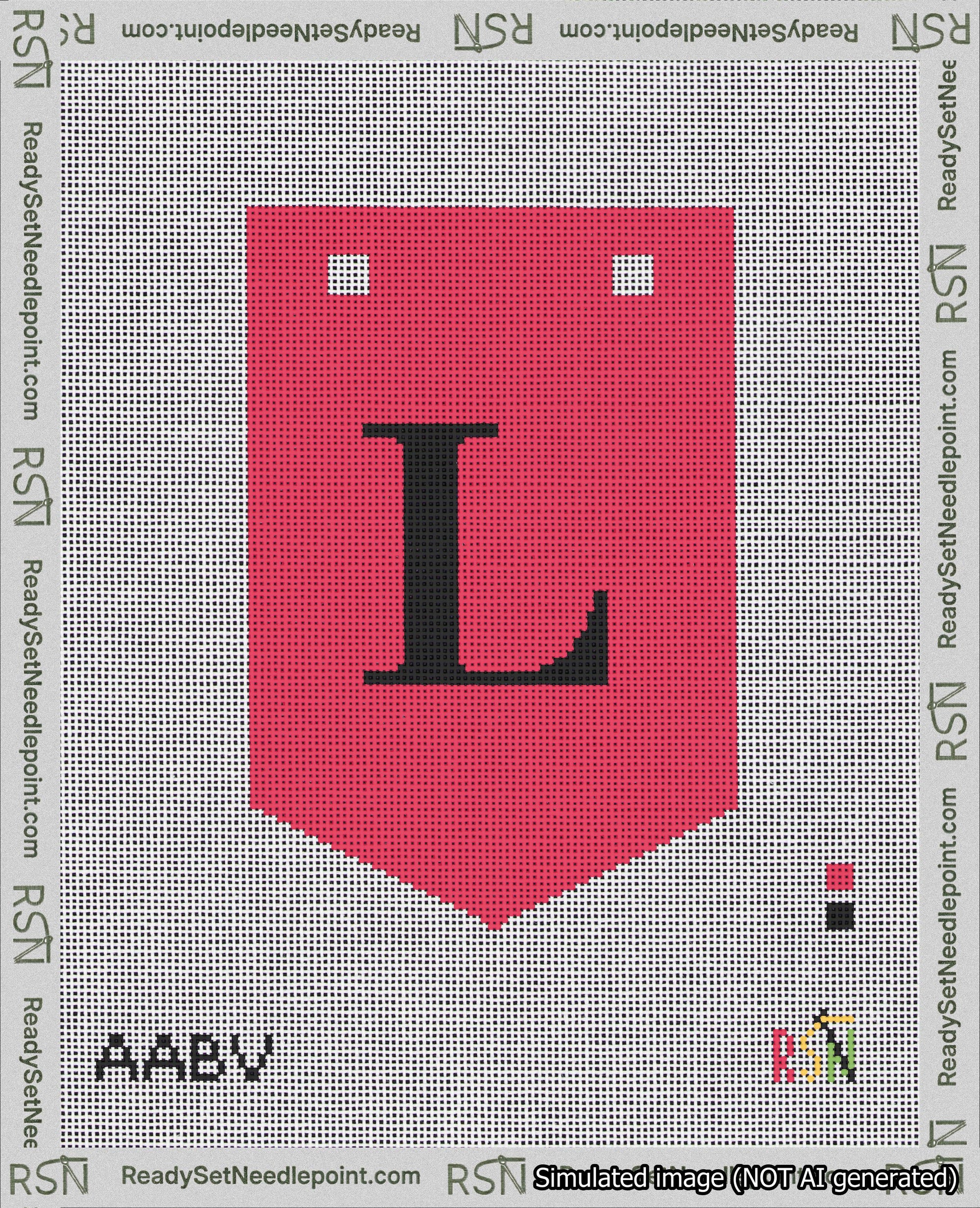 A taped needlepoint canvas with the design: Banner 18 mesh count Pointed L Black on Red.