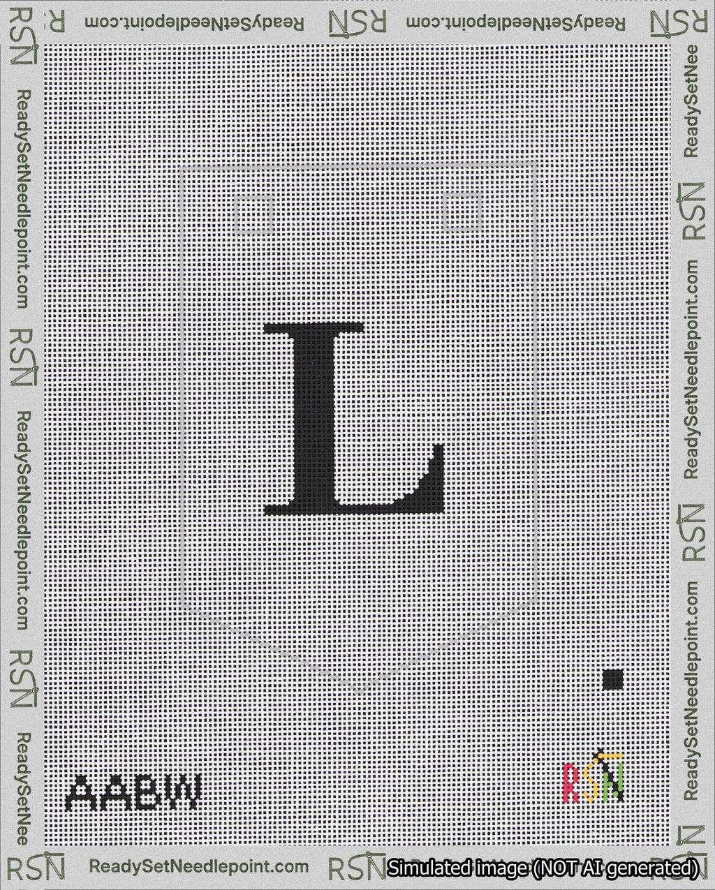 A taped needlepoint canvas with the design: Banner 18 mesh count Pointed L Black on White.