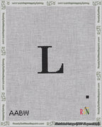 A taped needlepoint canvas with the design: Banner 18 mesh count Pointed L Black on White.