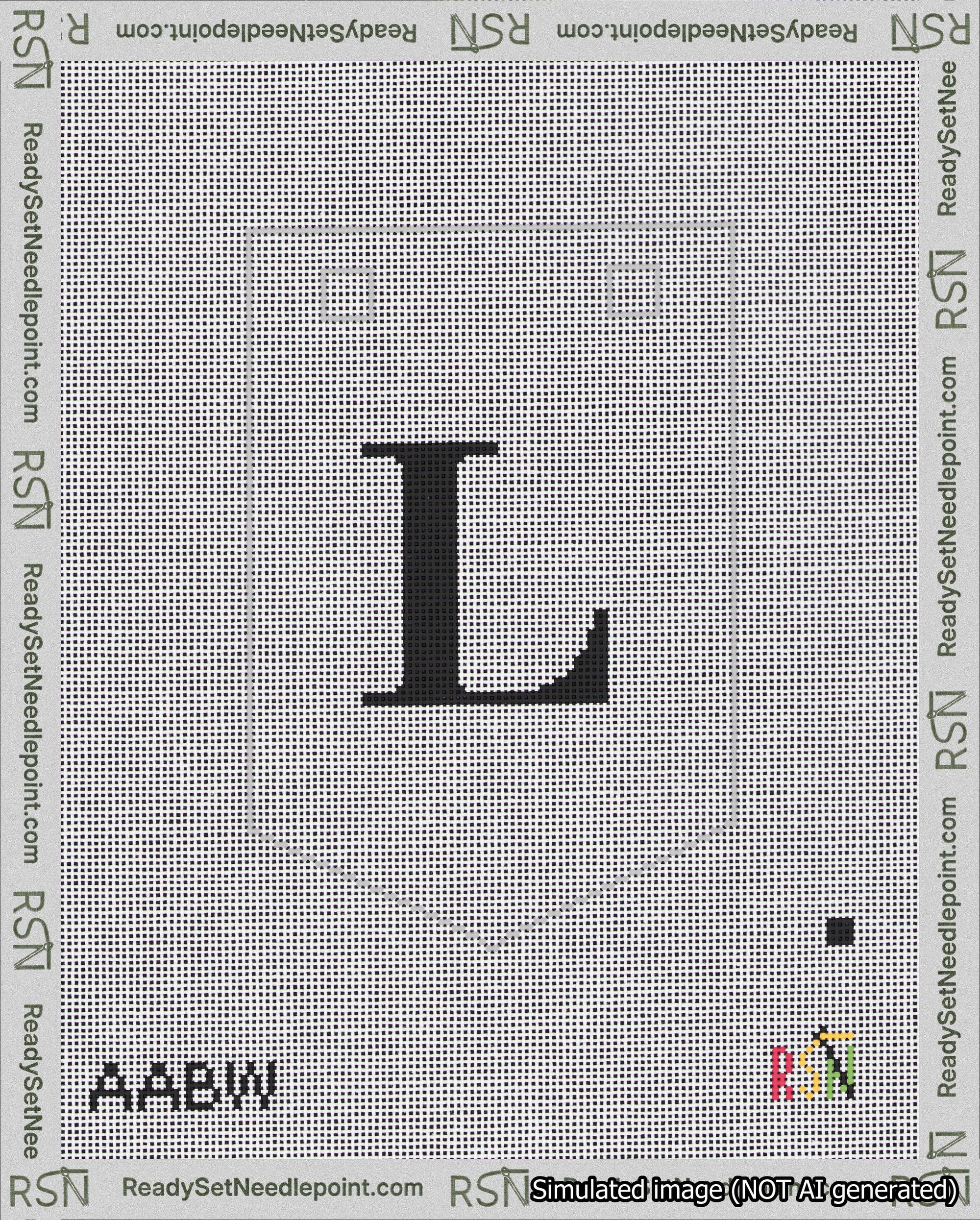 A taped needlepoint canvas with the design: Banner 18 mesh count Pointed L Black on White.