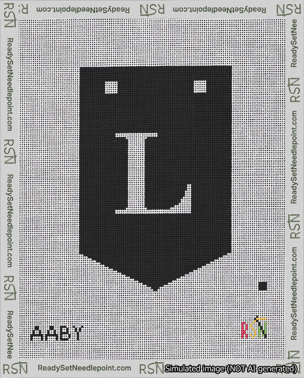 A taped needlepoint canvas with the design: Banner 18 mesh count Pointed L White on Black.