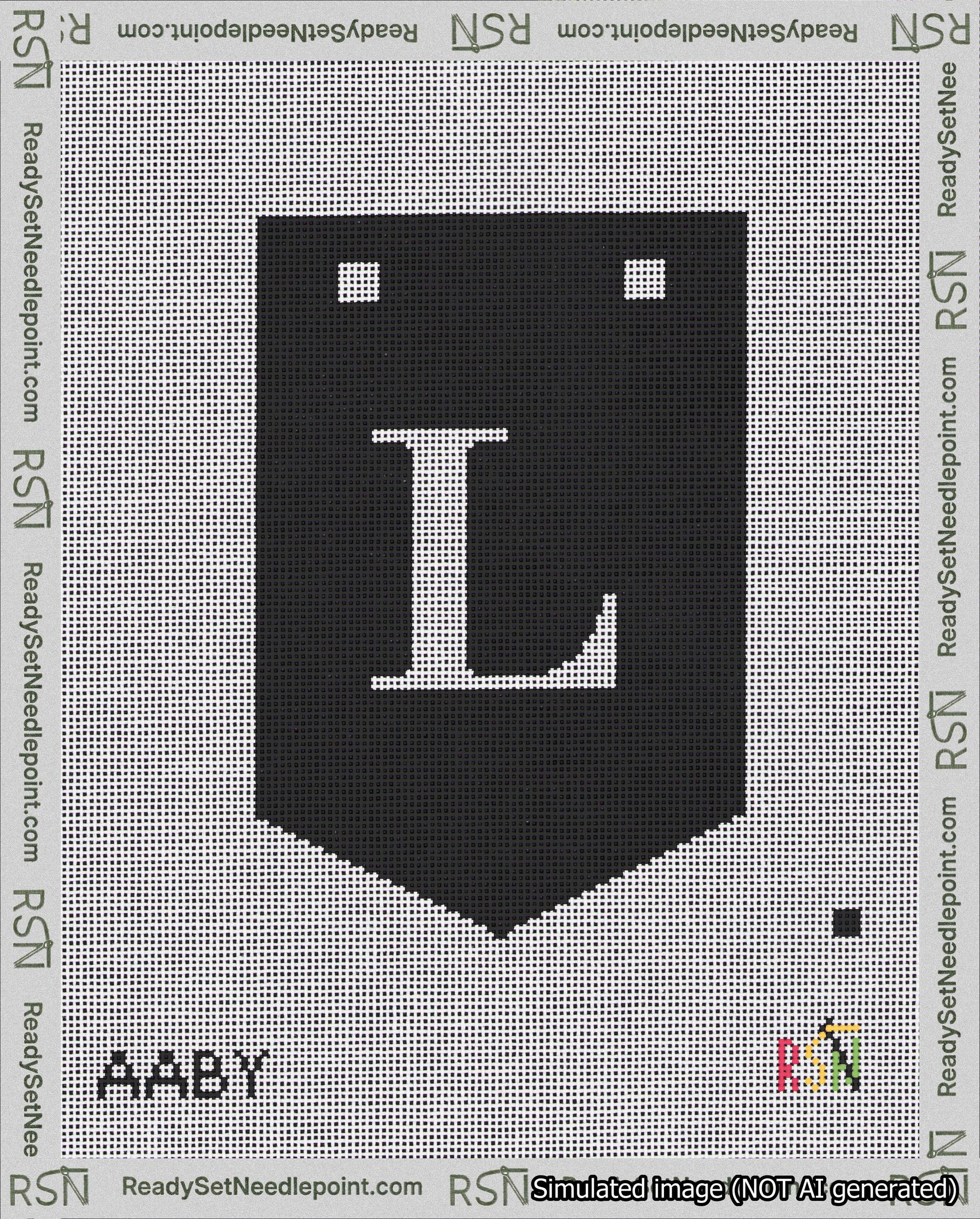 A taped needlepoint canvas with the design: Banner 18 mesh count Pointed L White on Black.