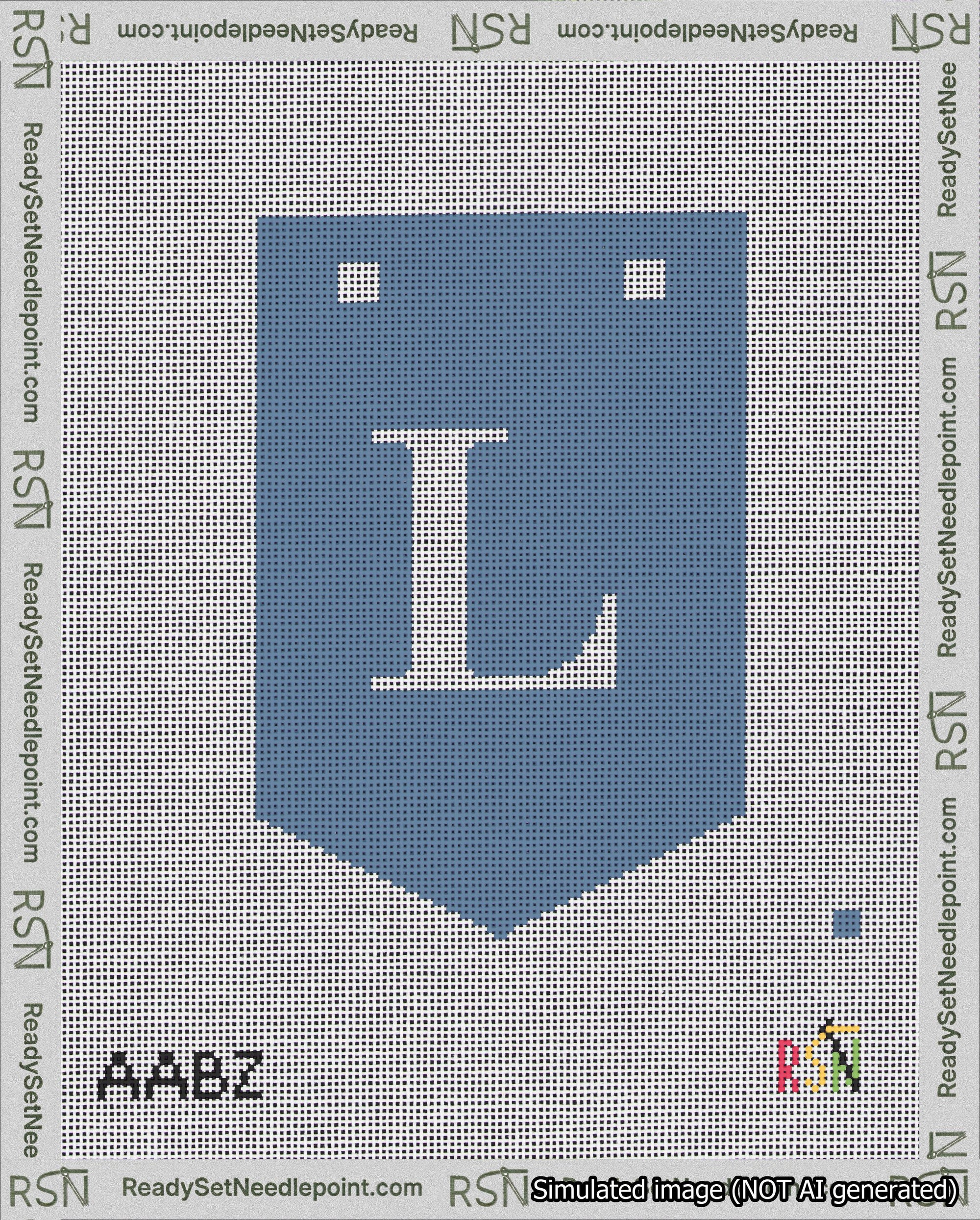 A taped needlepoint canvas with the design: Banner 18 mesh count Pointed L White on Blue.