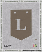 A taped needlepoint canvas with the design: Banner 18 mesh count Pointed L White on Brown.