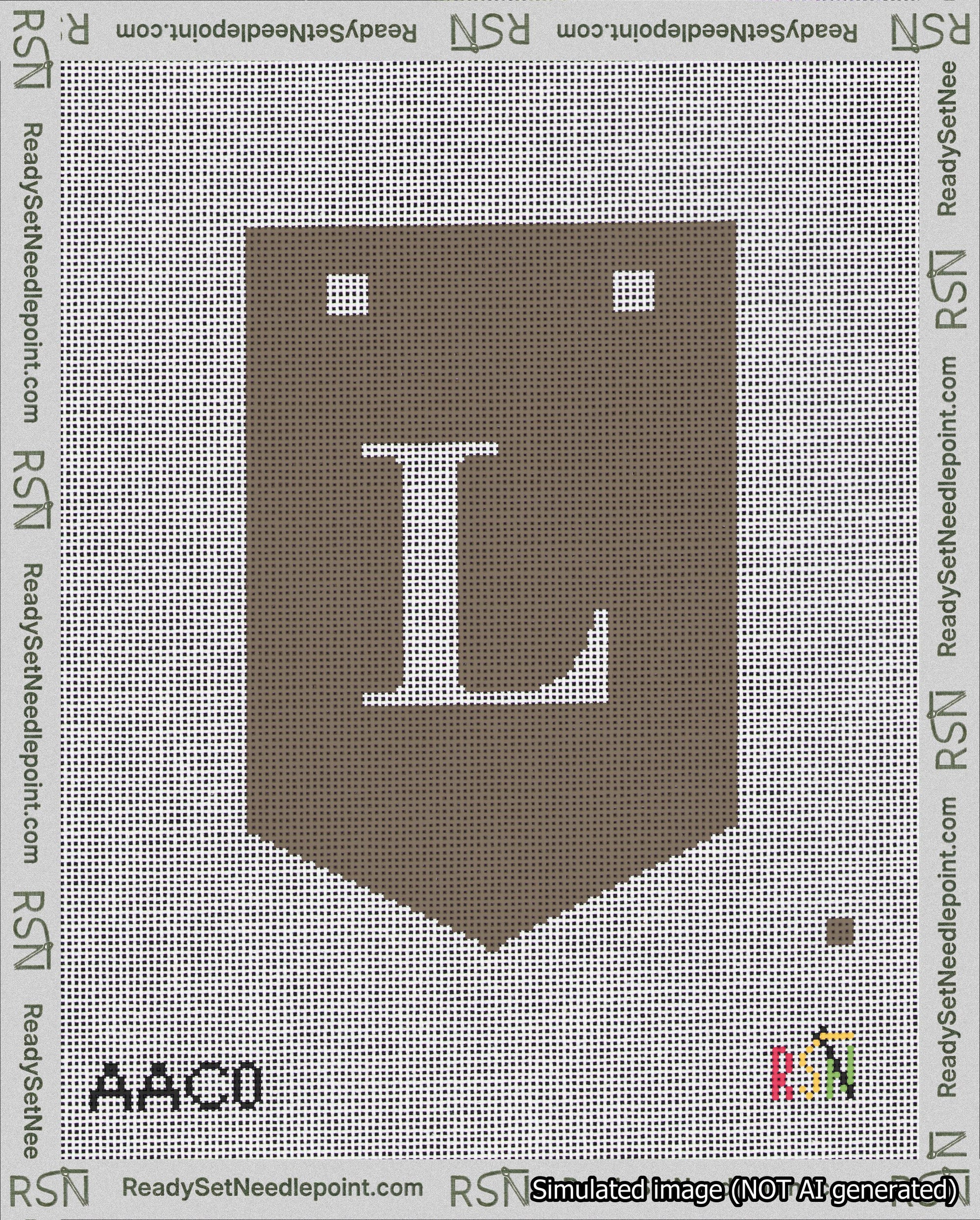 A taped needlepoint canvas with the design: Banner 18 mesh count Pointed L White on Brown.