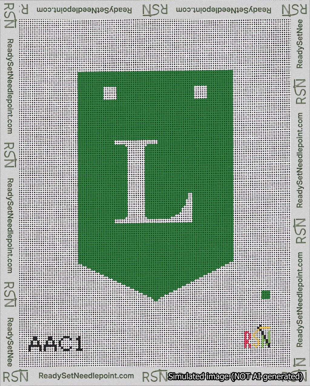 A taped needlepoint canvas with the design: Banner 18 mesh count Pointed L White on Green.