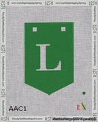 A taped needlepoint canvas with the design: Banner 18 mesh count Pointed L White on Green.