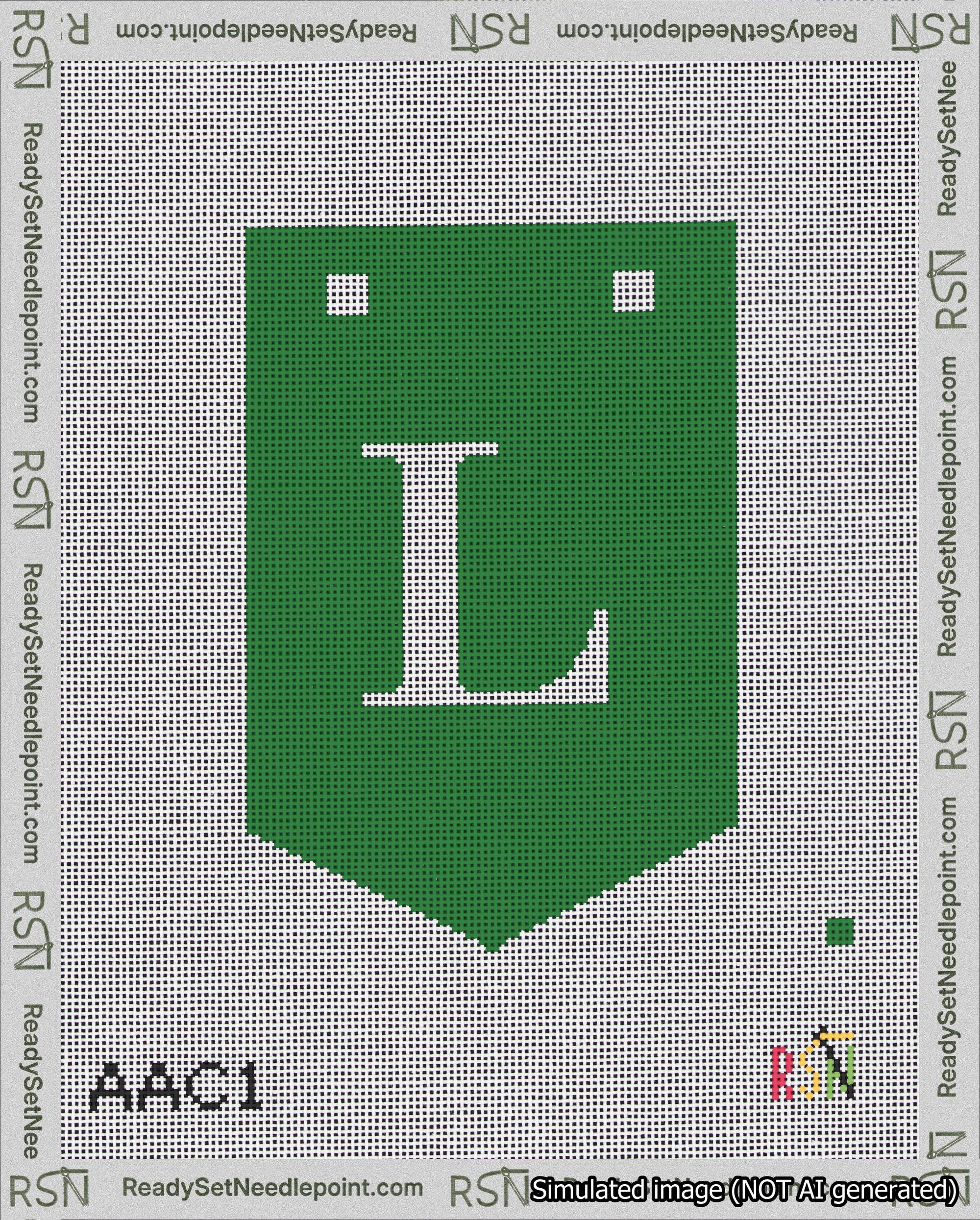 A taped needlepoint canvas with the design: Banner 18 mesh count Pointed L White on Green.