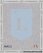 A taped needlepoint canvas with the design: Banner 18 mesh count Pointed L White on Light Blue.