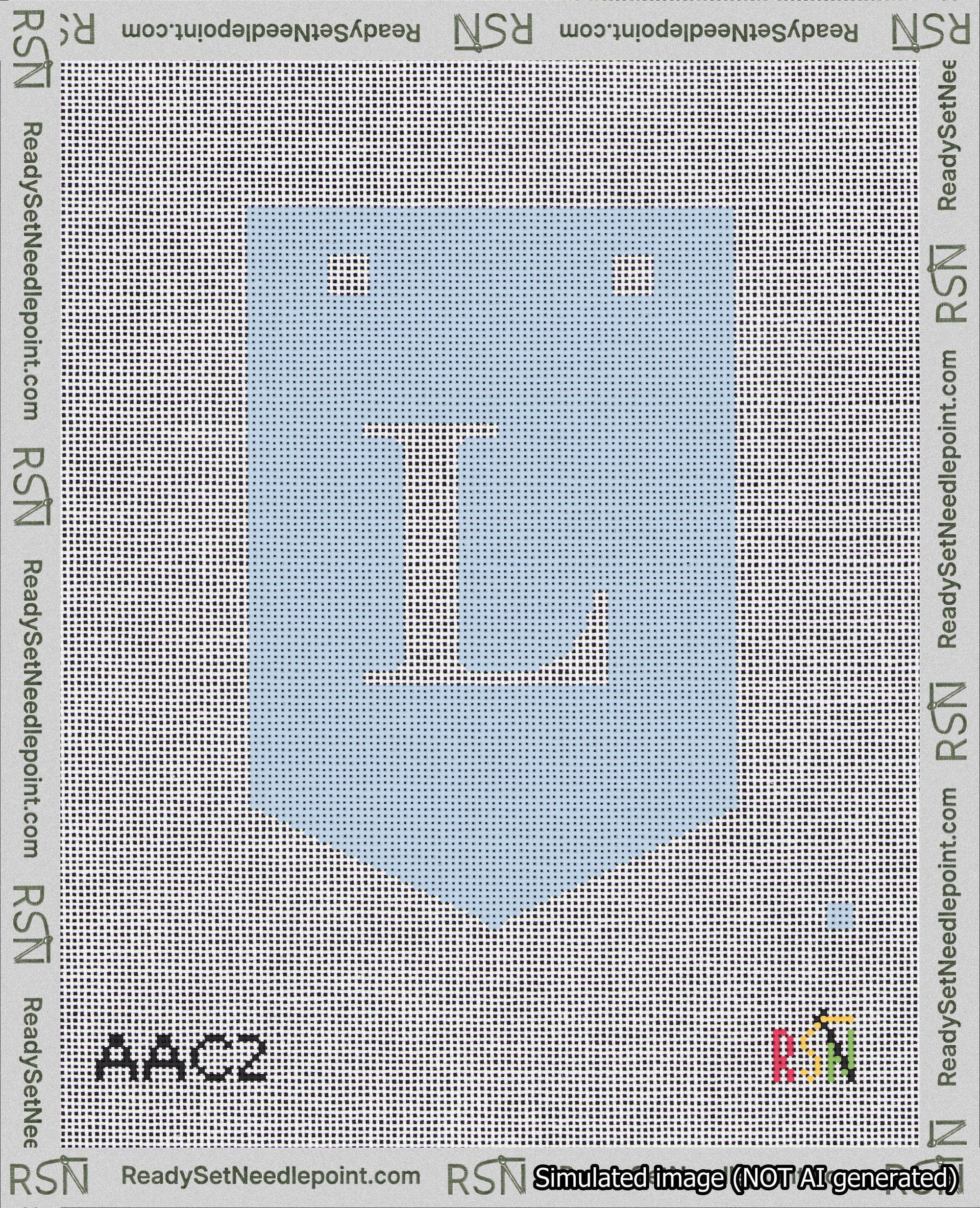 A taped needlepoint canvas with the design: Banner 18 mesh count Pointed L White on Light Blue.