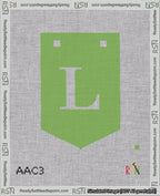 A taped needlepoint canvas with the design: Banner 18 mesh count Pointed L White on Light Green.