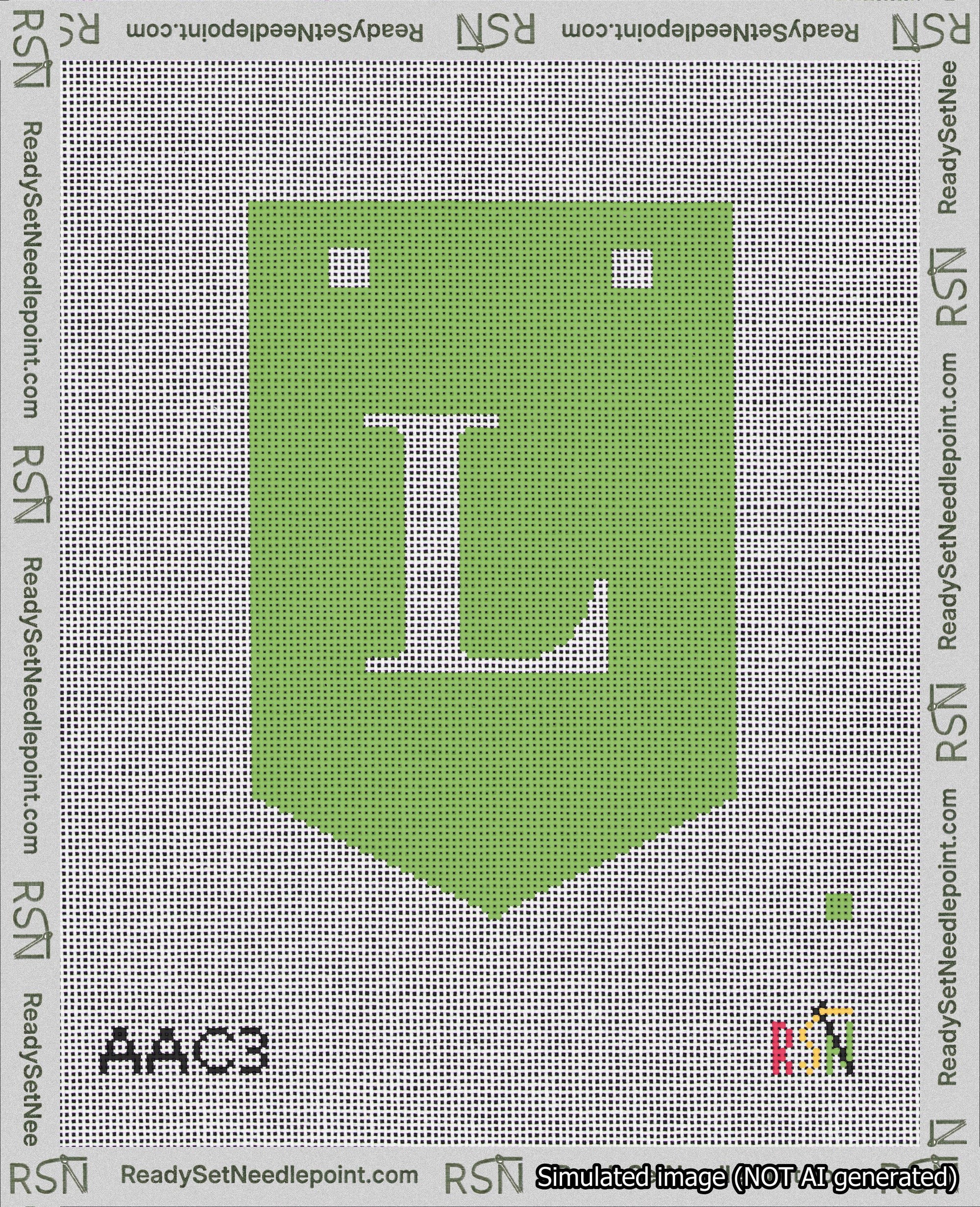 A taped needlepoint canvas with the design: Banner 18 mesh count Pointed L White on Light Green.