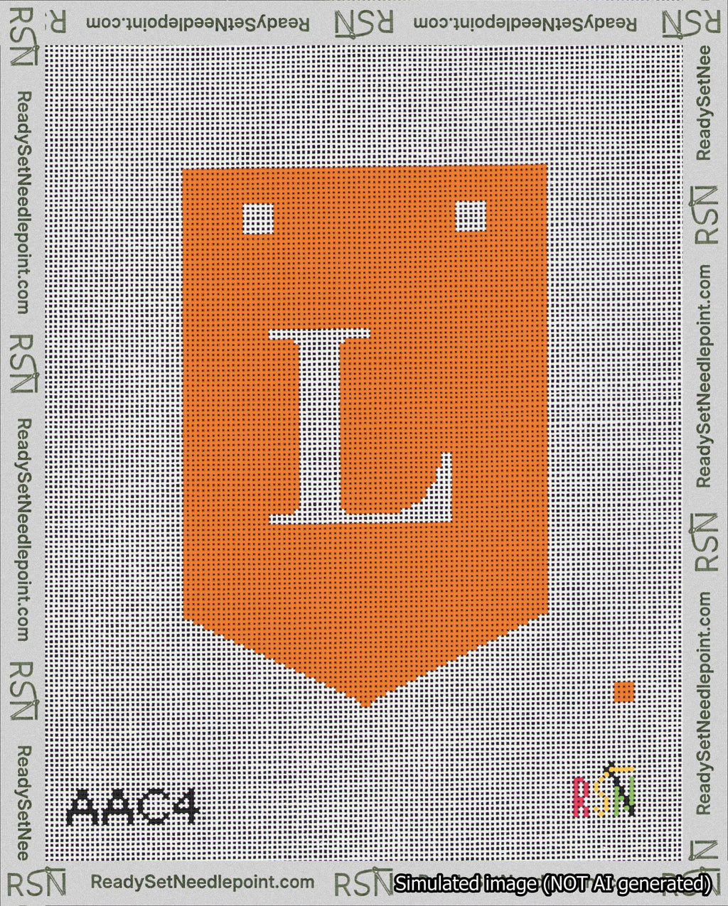 A taped needlepoint canvas with the design: Banner 18 mesh count Pointed L White on Orange.
