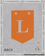 A taped needlepoint canvas with the design: Banner 18 mesh count Pointed L White on Orange.