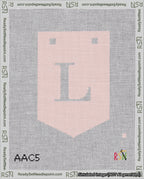 A taped needlepoint canvas with the design: Banner 18 mesh count Pointed L White on Pink.