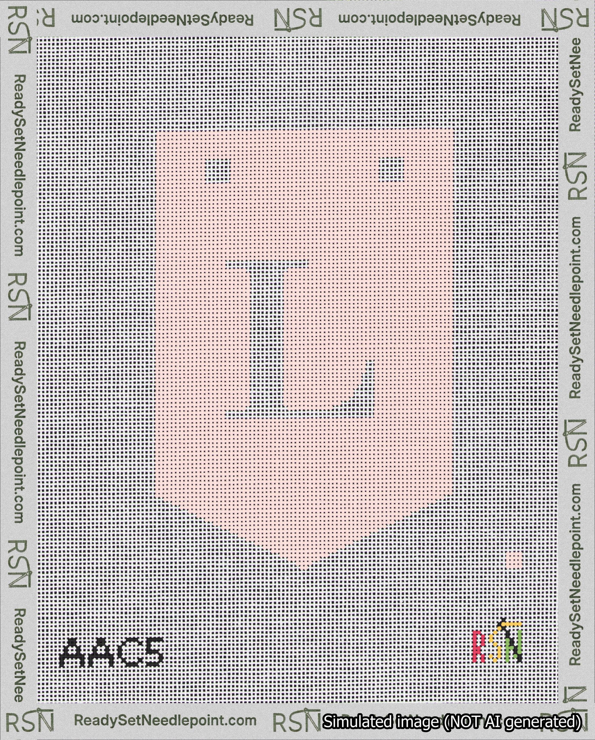 A taped needlepoint canvas with the design: Banner 18 mesh count Pointed L White on Pink.