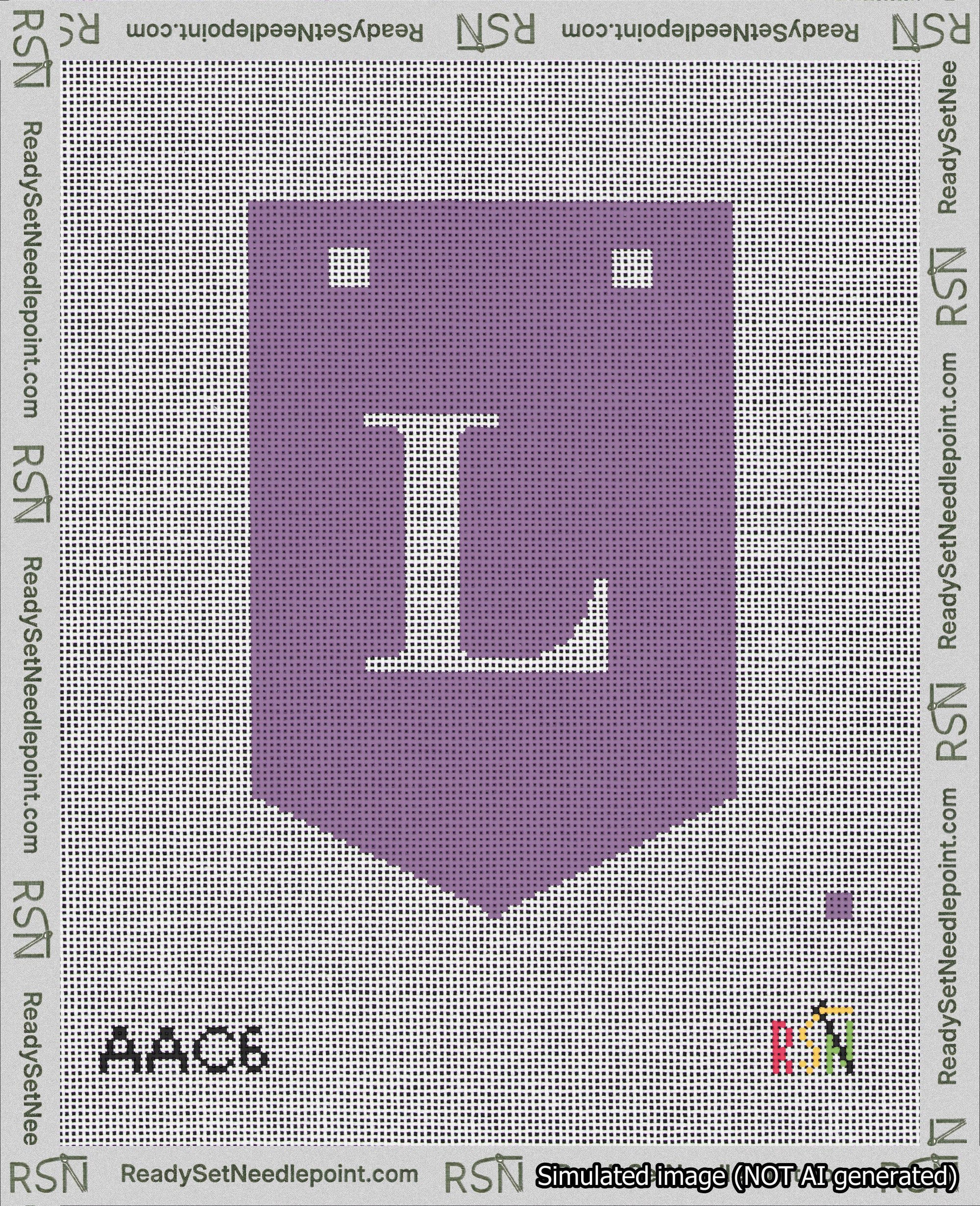 A taped needlepoint canvas with the design: Banner 18 mesh count Pointed L White on Purple.