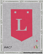 A taped needlepoint canvas with the design: Banner 18 mesh count Pointed L White on Red.