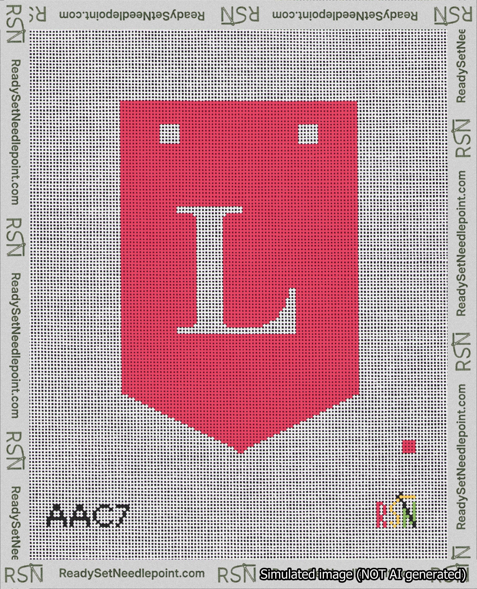 A taped needlepoint canvas with the design: Banner 18 mesh count Pointed L White on Red.