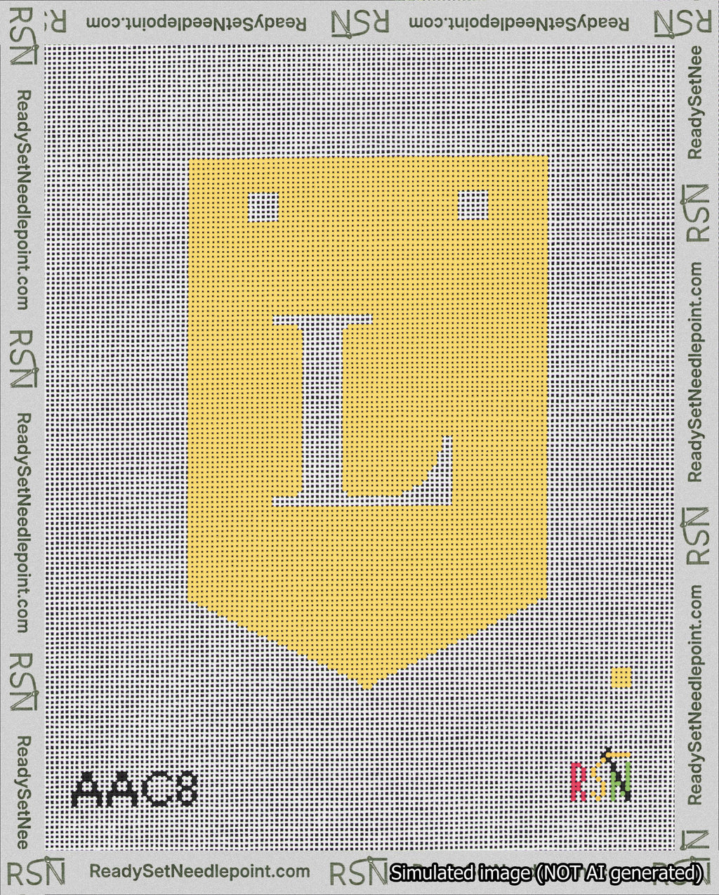 A taped needlepoint canvas with the design: Banner 18 mesh count Pointed L White on Yellow.