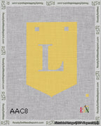 A taped needlepoint canvas with the design: Banner 18 mesh count Pointed L White on Yellow.