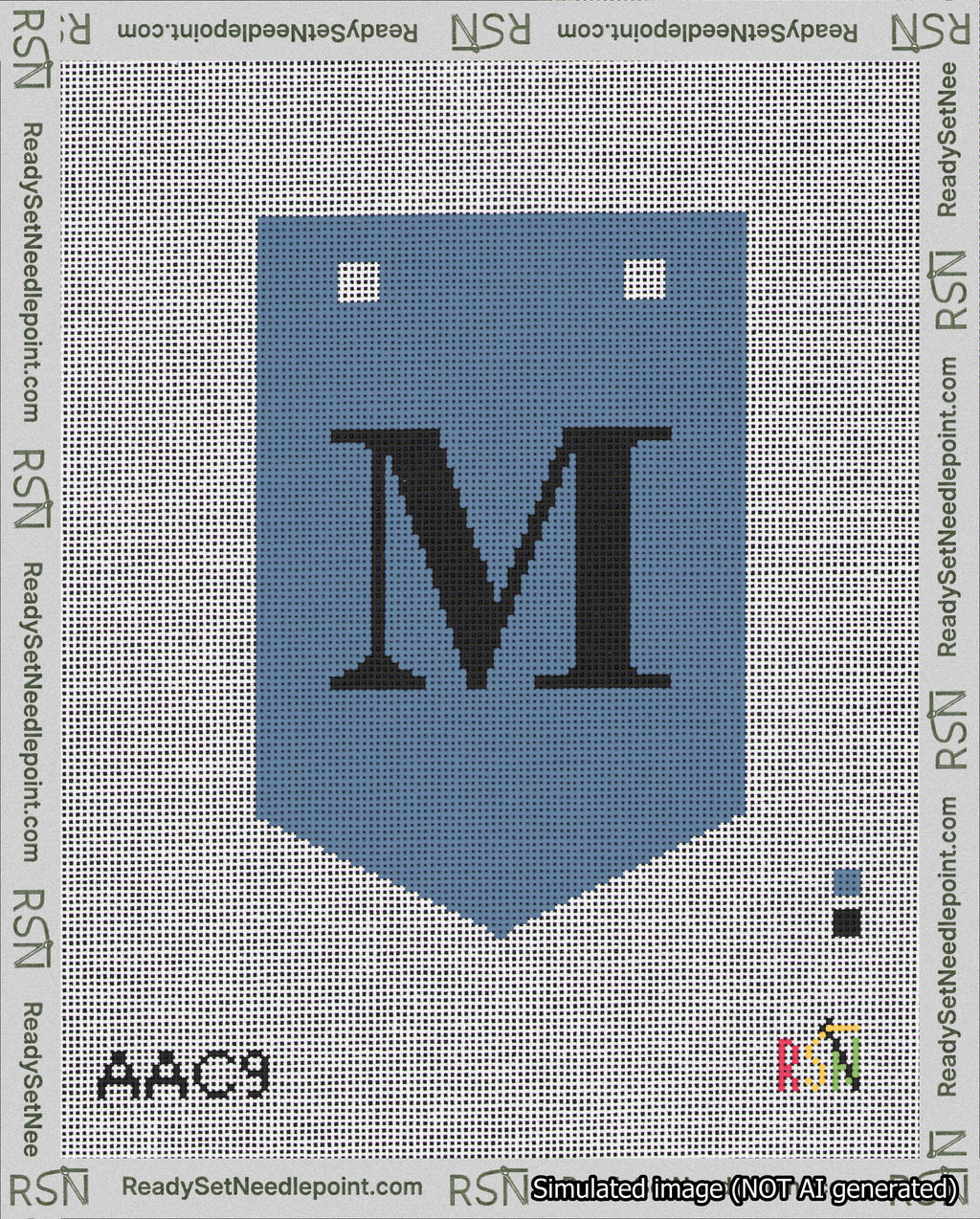 A taped needlepoint canvas with the design: Banner 18 mesh count Pointed M Black on Blue.