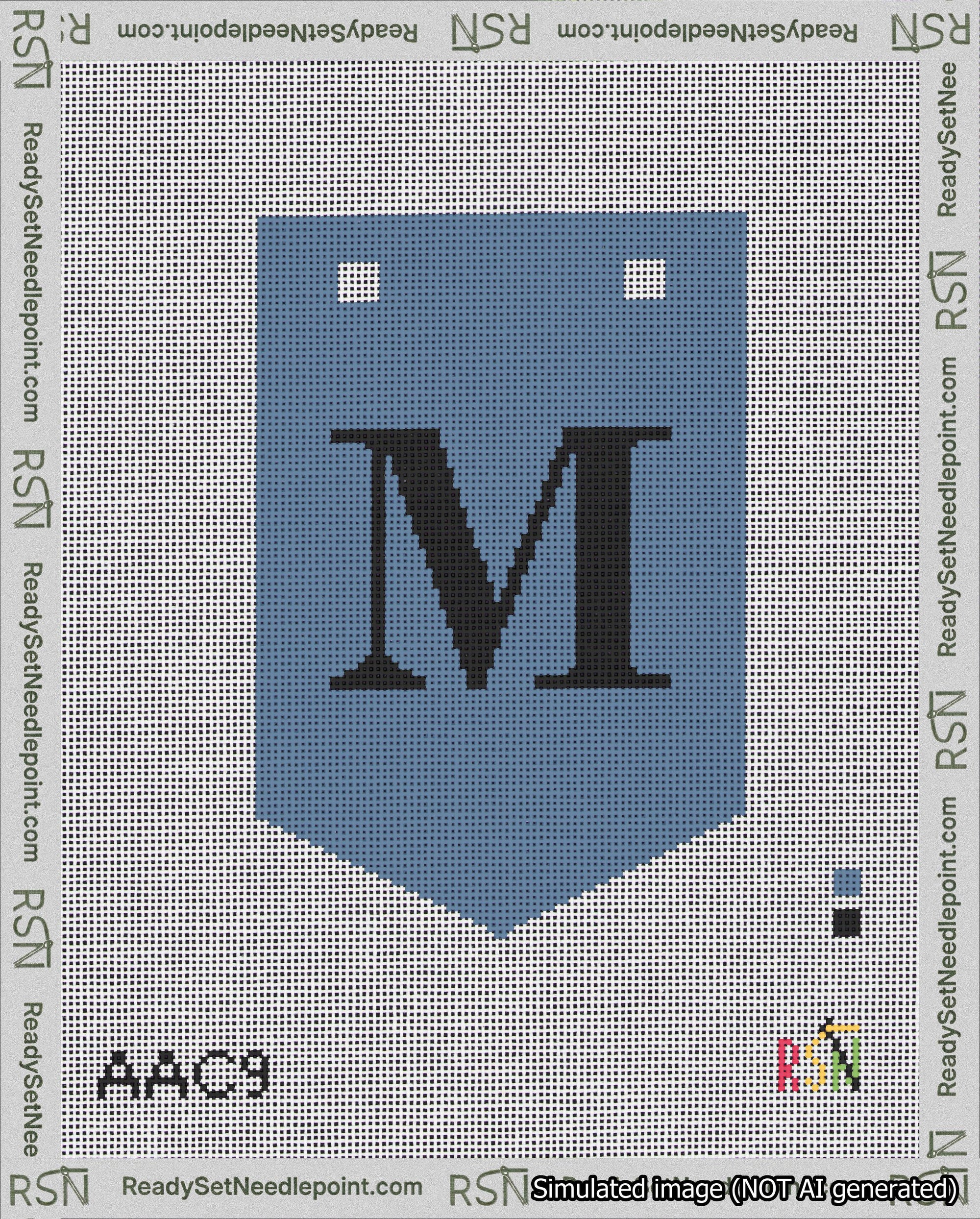 A taped needlepoint canvas with the design: Banner 18 mesh count Pointed M Black on Blue.