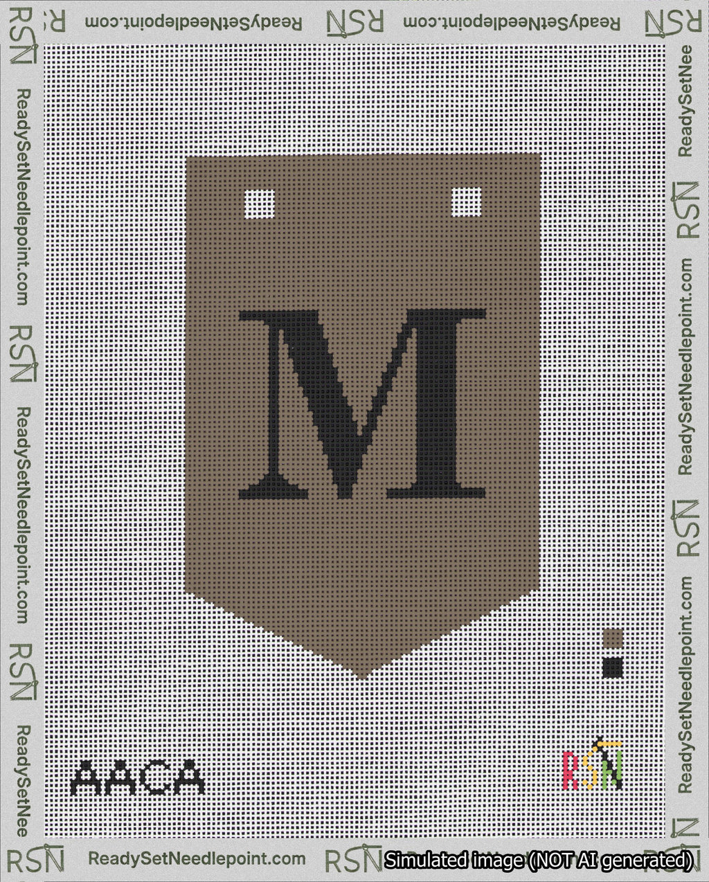 A taped needlepoint canvas with the design: Banner 18 mesh count Pointed M Black on Brown.