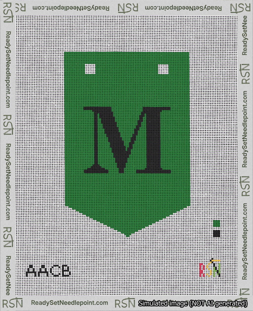A taped needlepoint canvas with the design: Banner 18 mesh count Pointed M Black on Green.