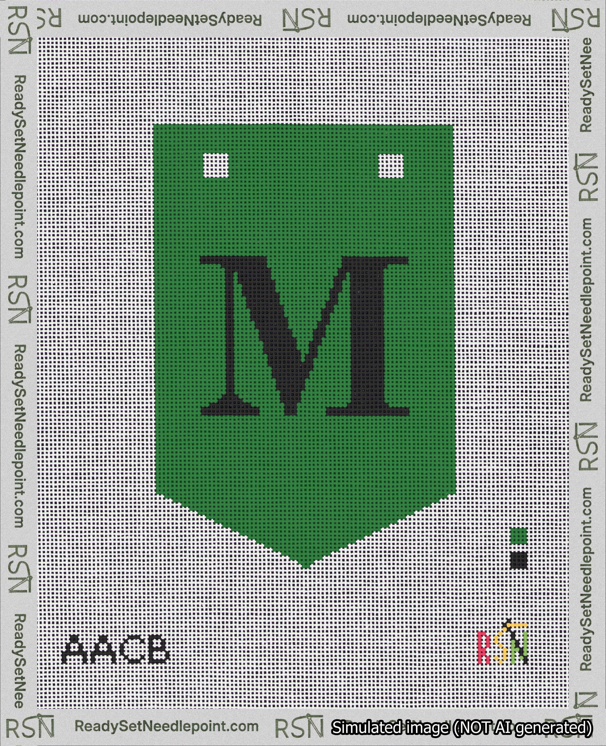 A taped needlepoint canvas with the design: Banner 18 mesh count Pointed M Black on Green.