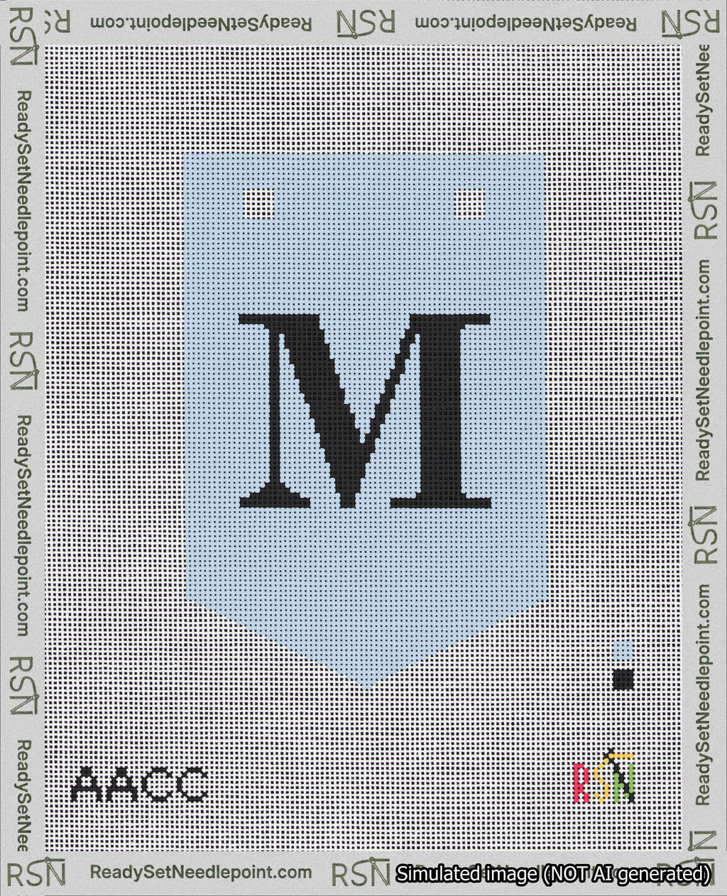 A taped needlepoint canvas with the design: Banner 18 mesh count Pointed M Black on Light Blue.