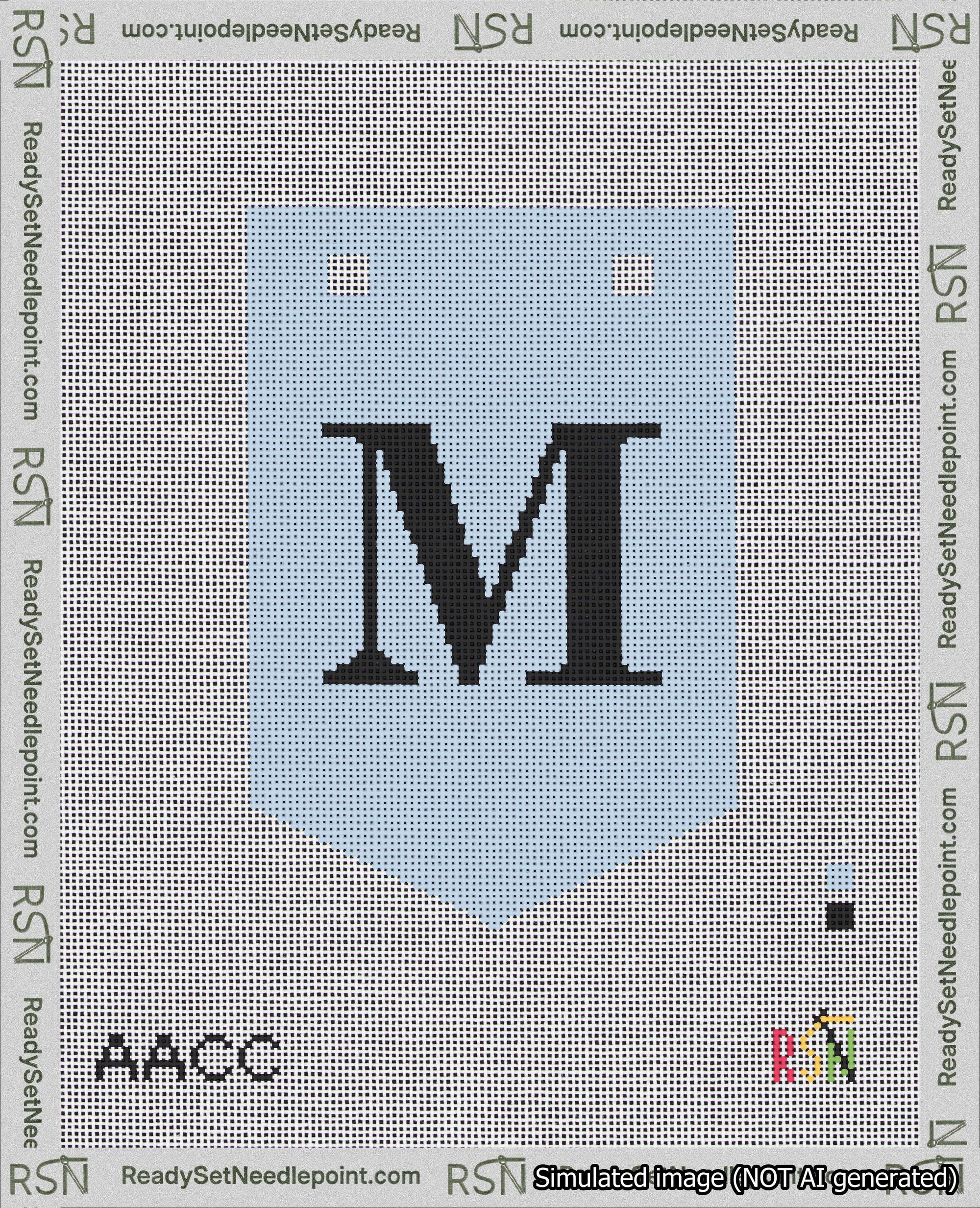 A taped needlepoint canvas with the design: Banner 18 mesh count Pointed M Black on Light Blue.