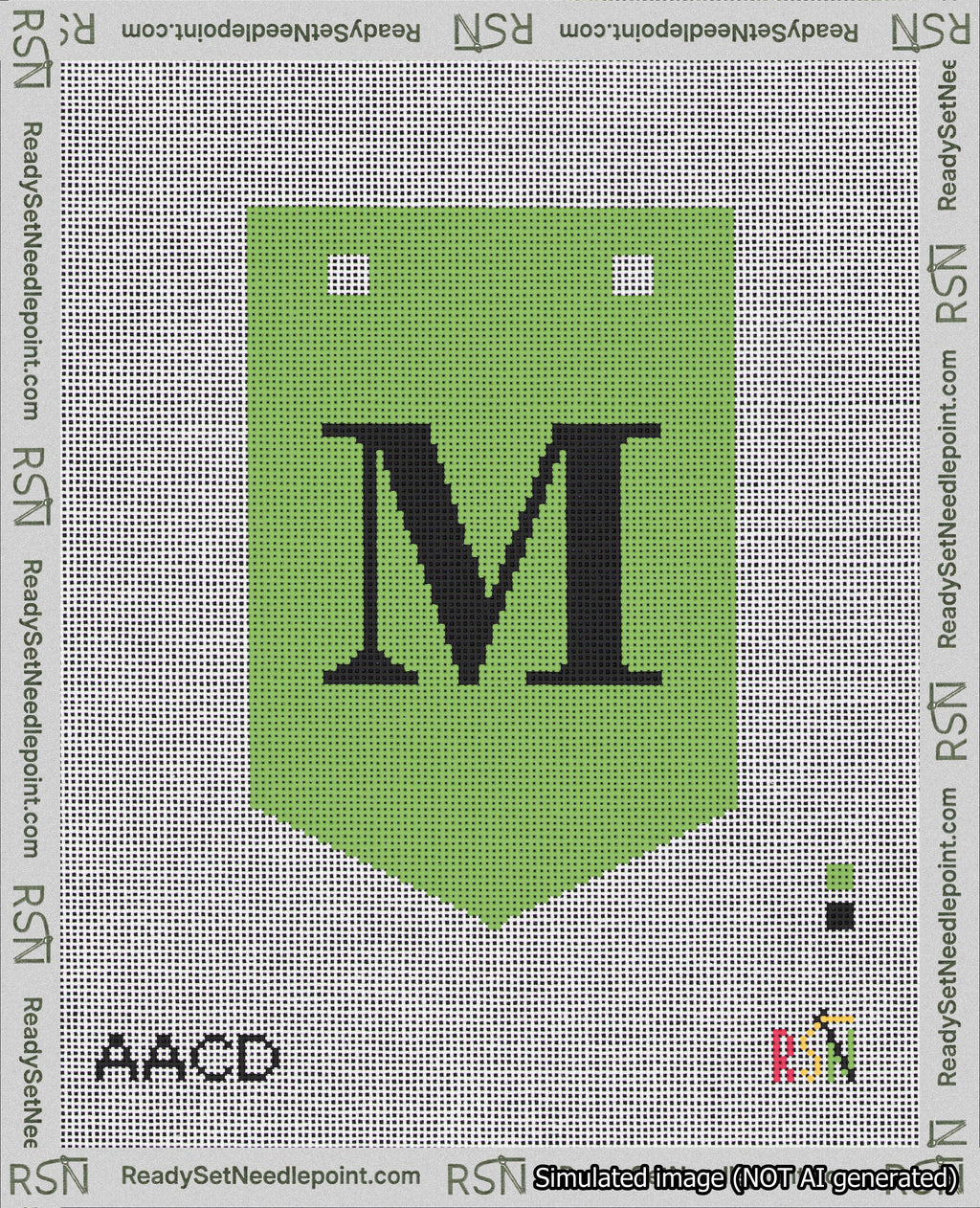 A taped needlepoint canvas with the design: Banner 18 mesh count Pointed M Black on Light Green.
