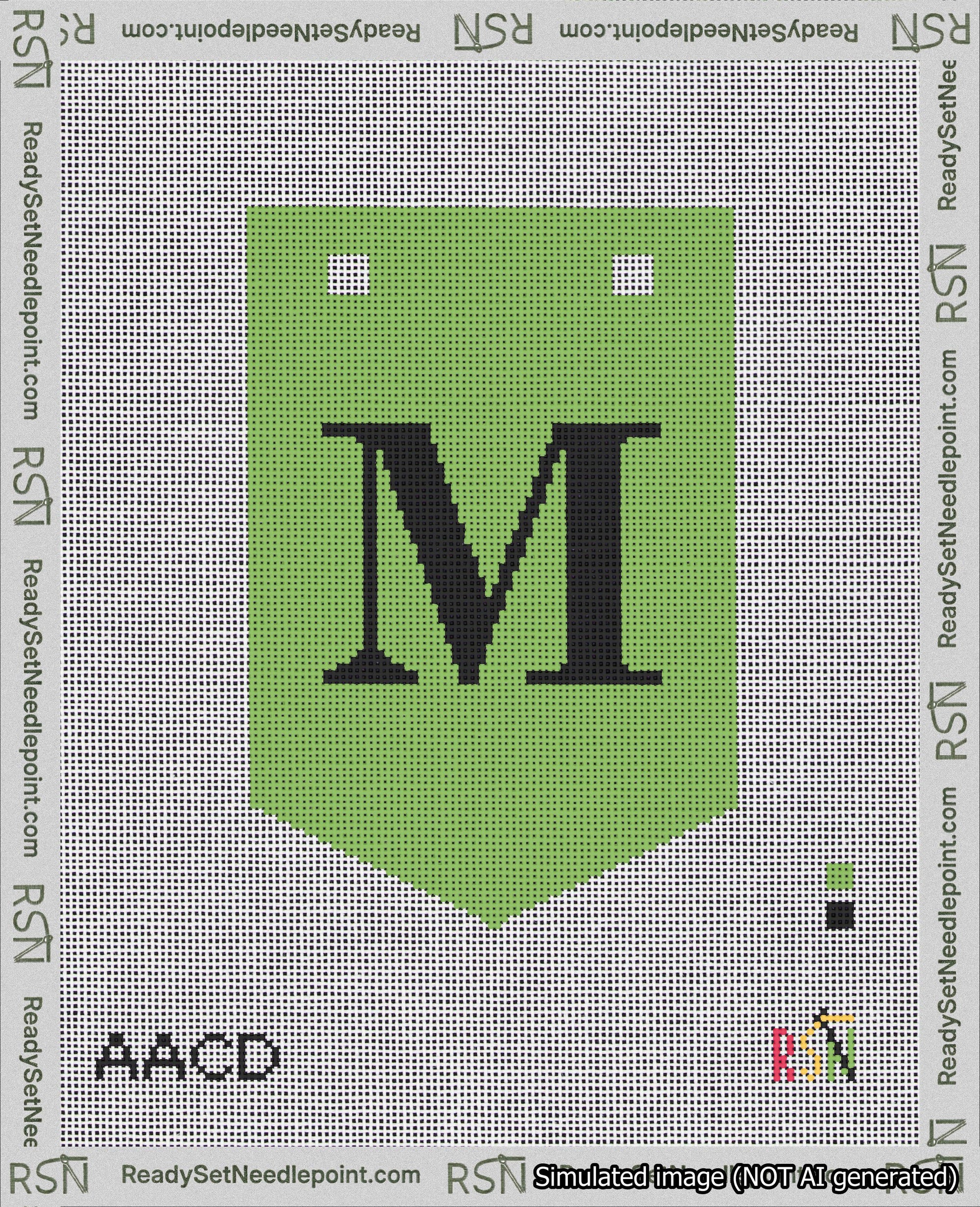 A taped needlepoint canvas with the design: Banner 18 mesh count Pointed M Black on Light Green.