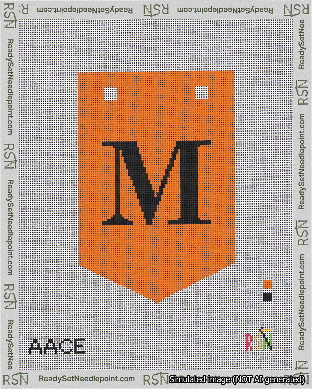 A taped needlepoint canvas with the design: Banner 18 mesh count Pointed M Black on Orange.