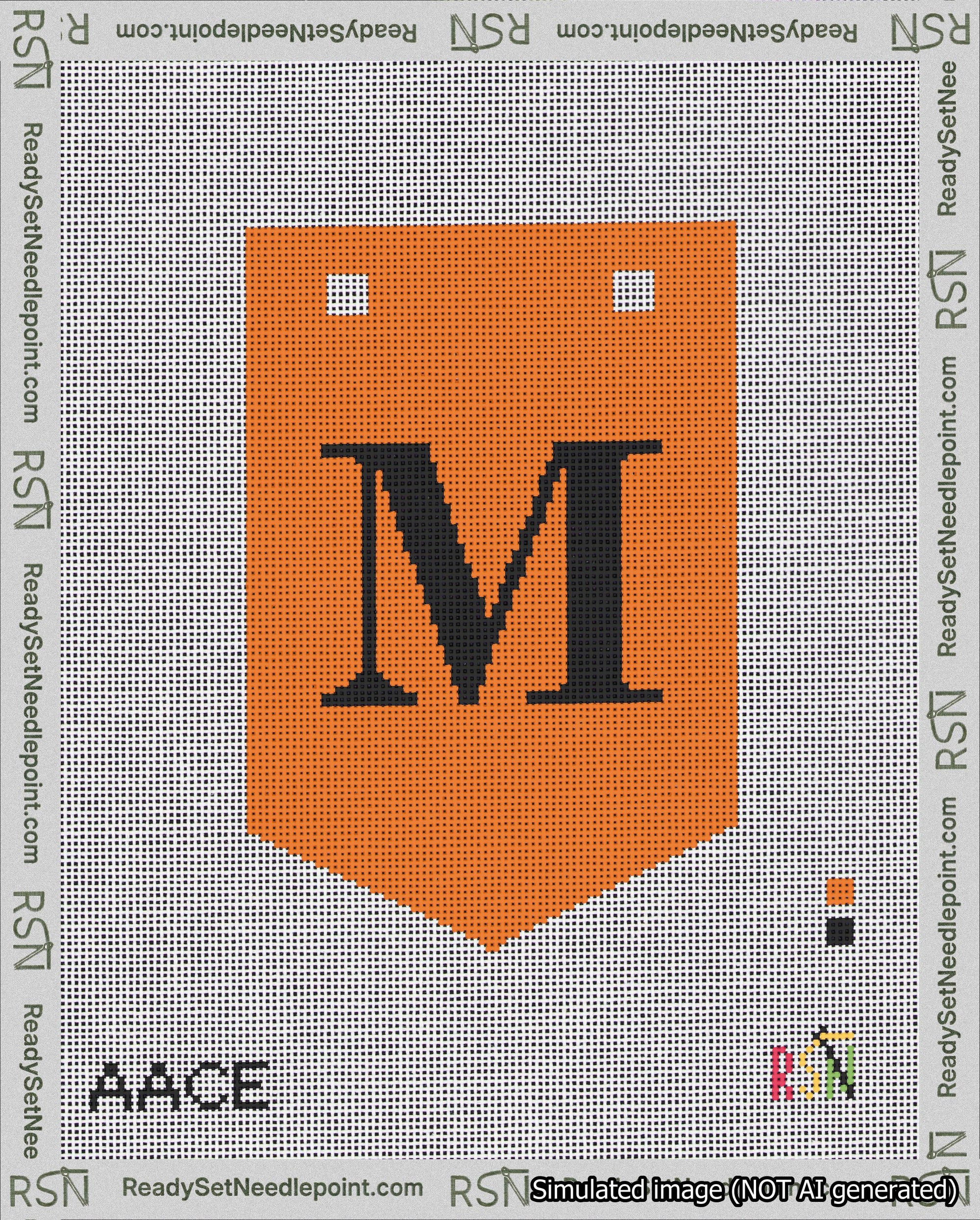 A taped needlepoint canvas with the design: Banner 18 mesh count Pointed M Black on Orange.