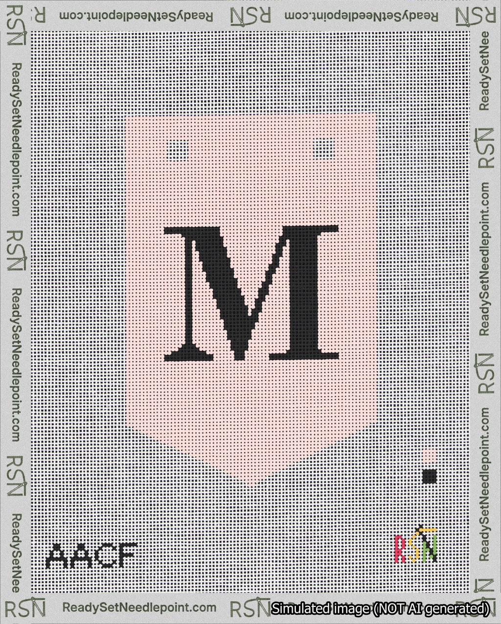 A taped needlepoint canvas with the design: Banner 18 mesh count Pointed M Black on Pink.