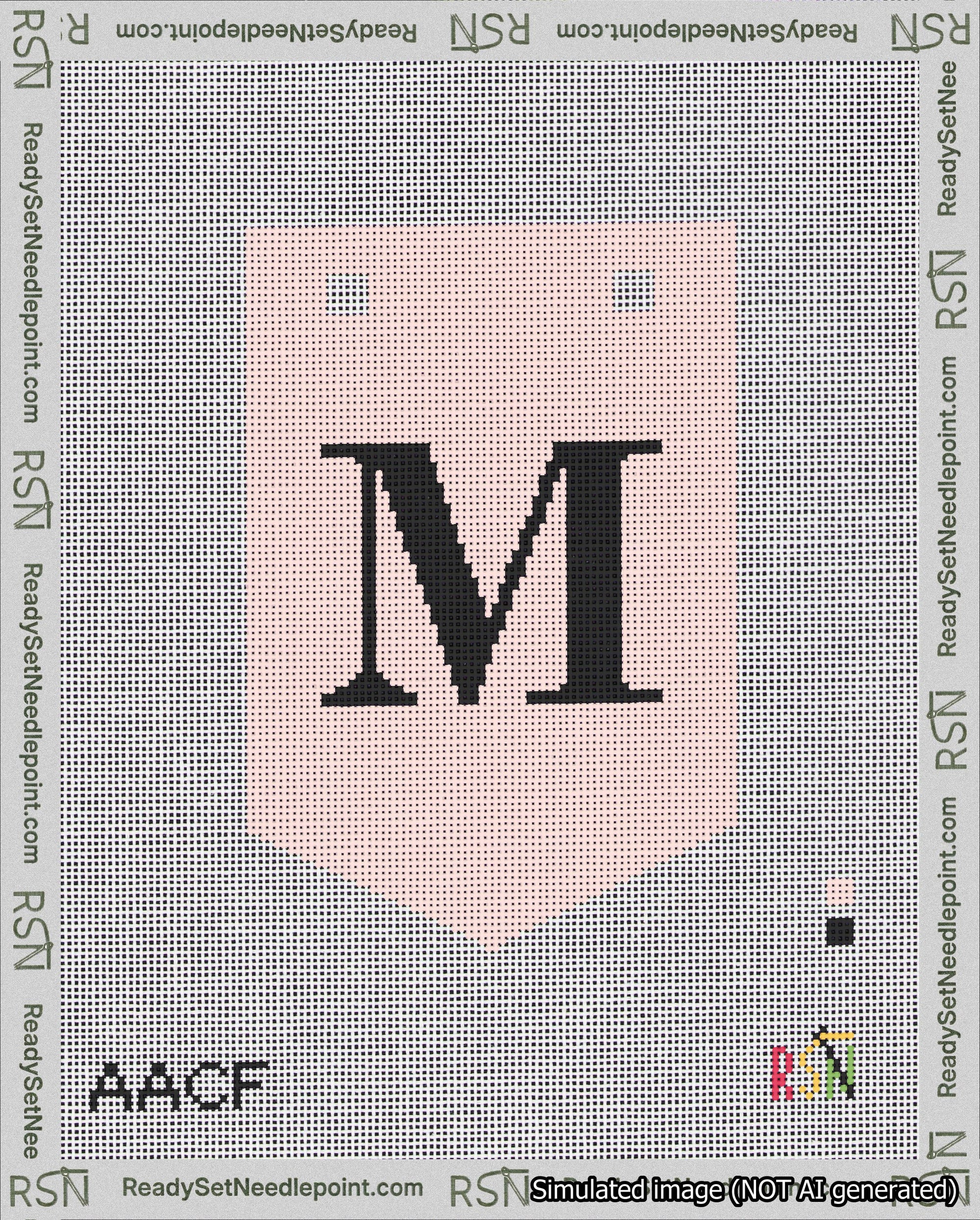 A taped needlepoint canvas with the design: Banner 18 mesh count Pointed M Black on Pink.