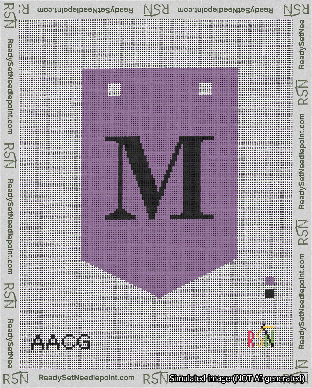 A taped needlepoint canvas with the design: Banner 18 mesh count Pointed M Black on Purple.