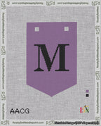 A taped needlepoint canvas with the design: Banner 18 mesh count Pointed M Black on Purple.