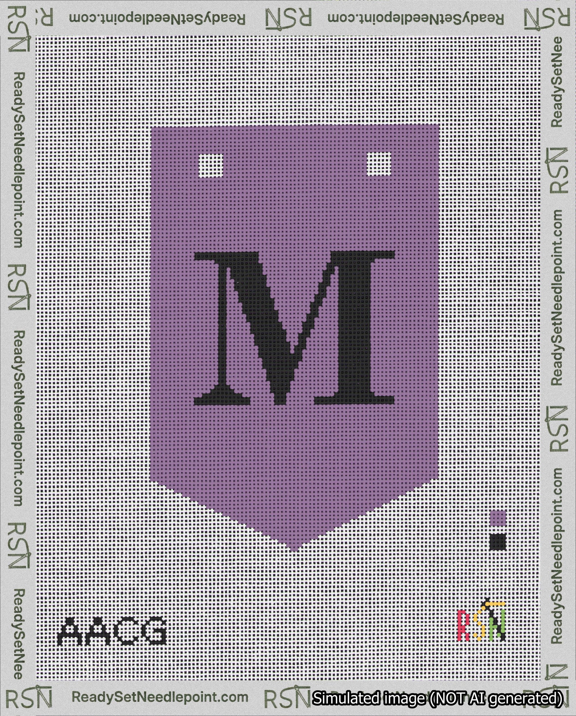 A taped needlepoint canvas with the design: Banner 18 mesh count Pointed M Black on Purple.