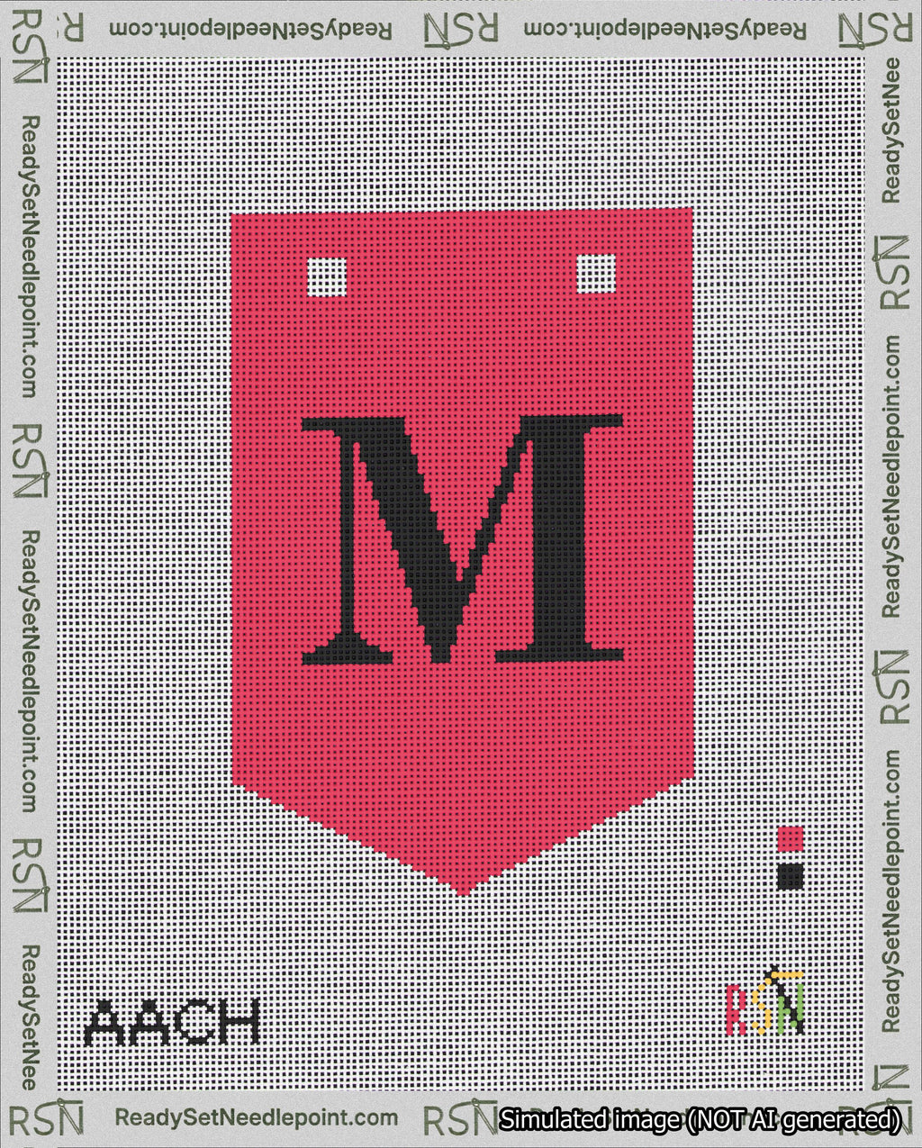 A taped needlepoint canvas with the design: Banner 18 mesh count Pointed M Black on Red.