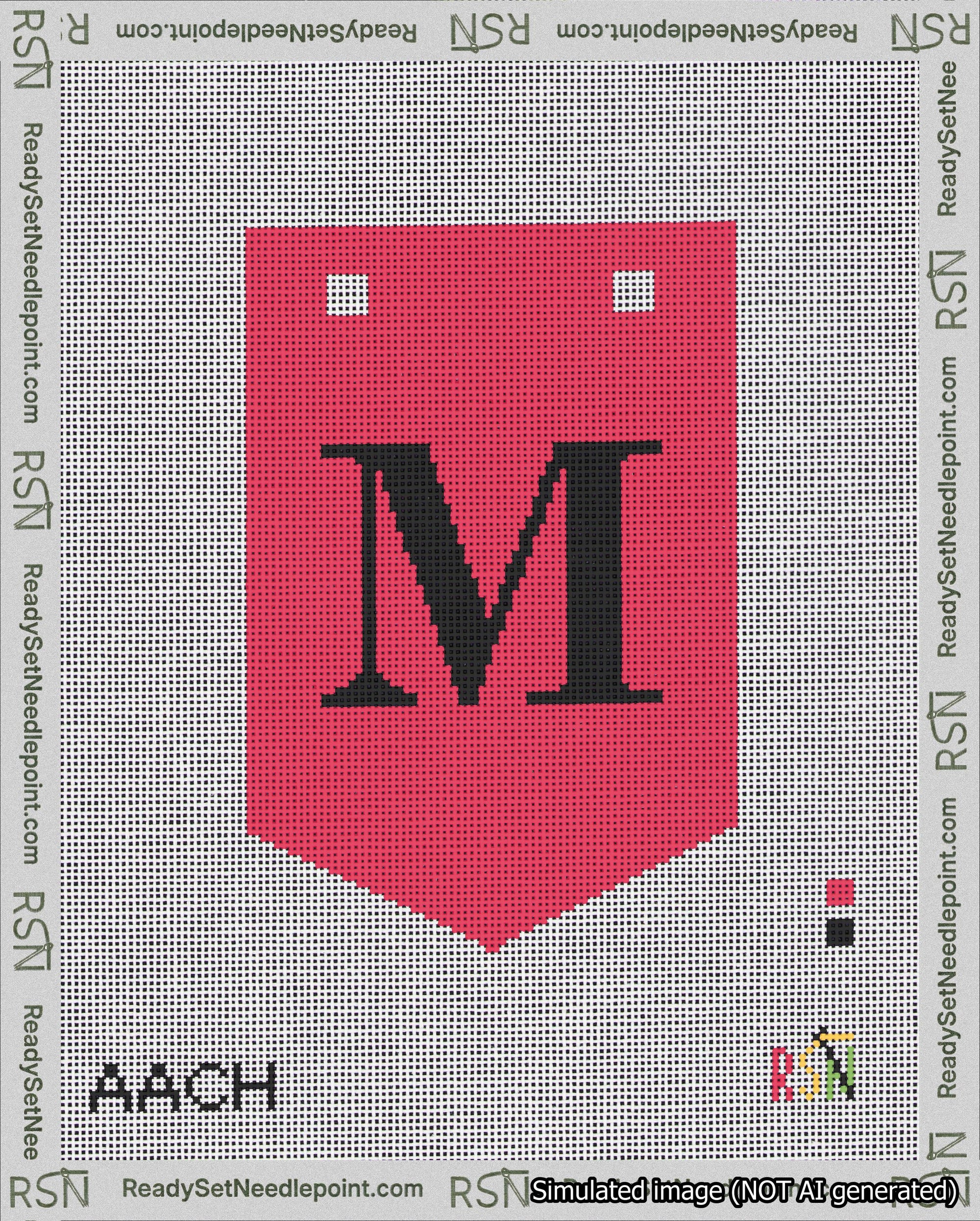 A taped needlepoint canvas with the design: Banner 18 mesh count Pointed M Black on Red.