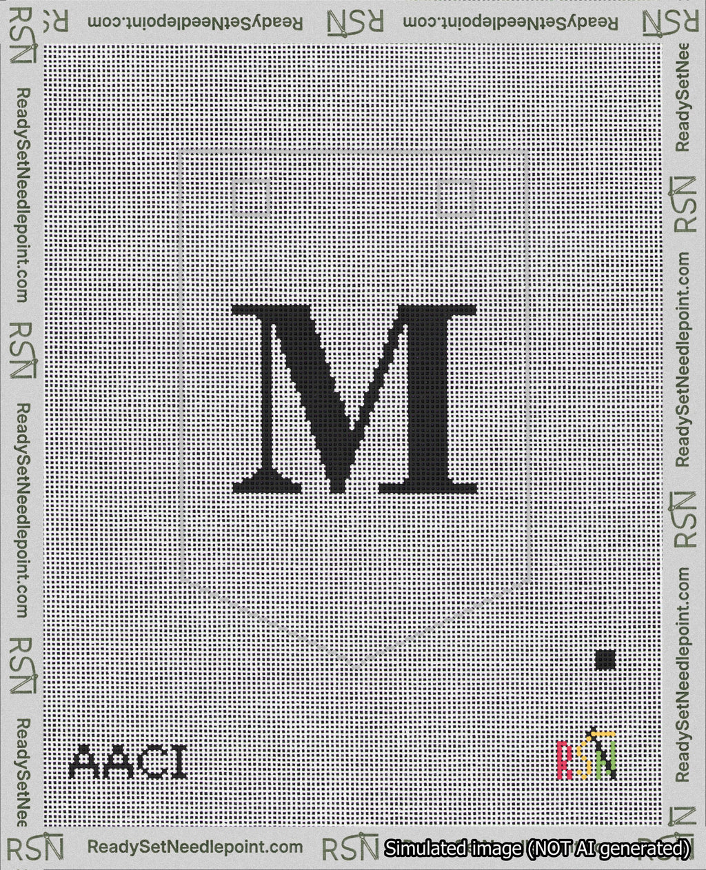 A taped needlepoint canvas with the design: Banner 18 mesh count Pointed M Black on White.